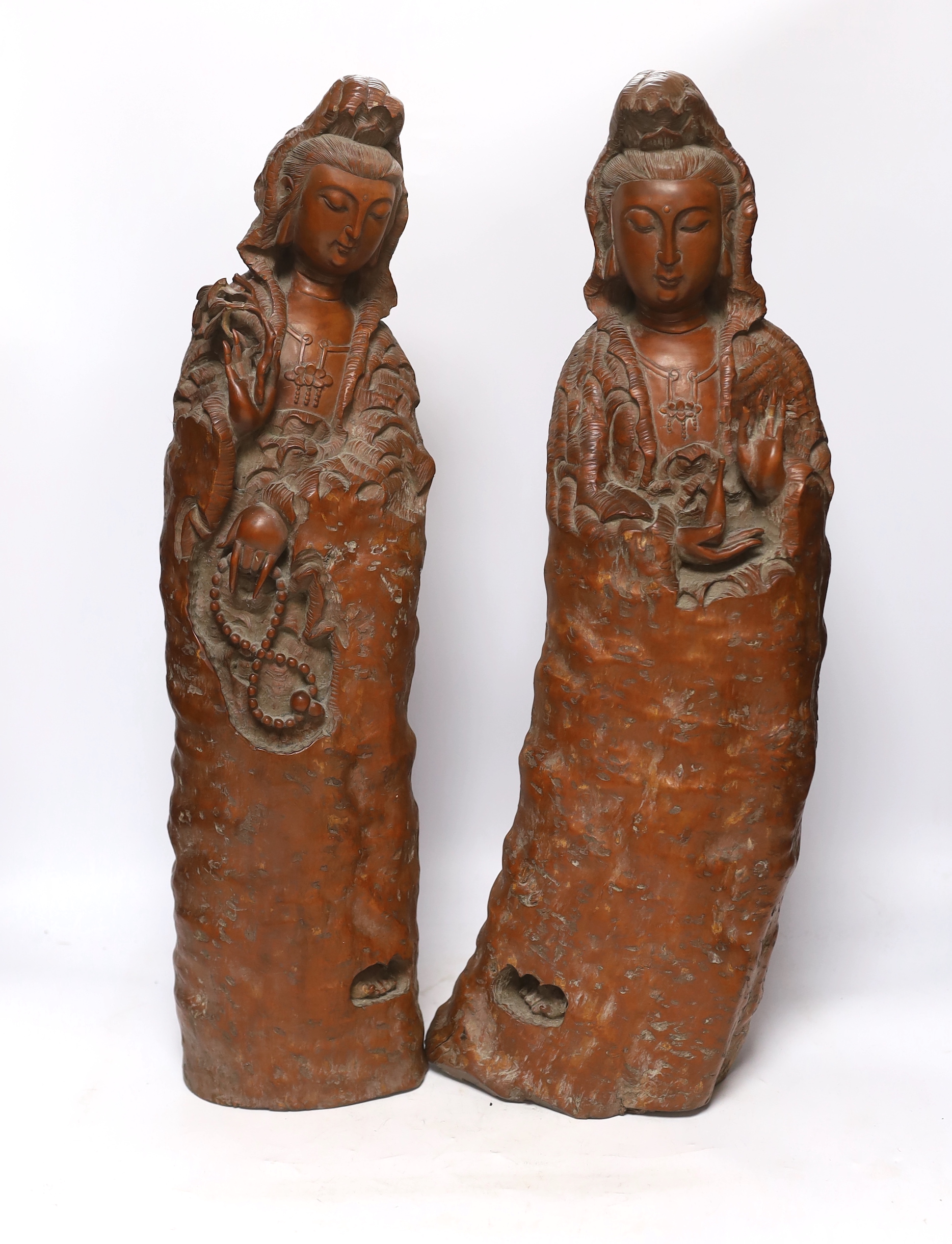 Two large Chinese rootwood figures of Guanyin, 57cm high